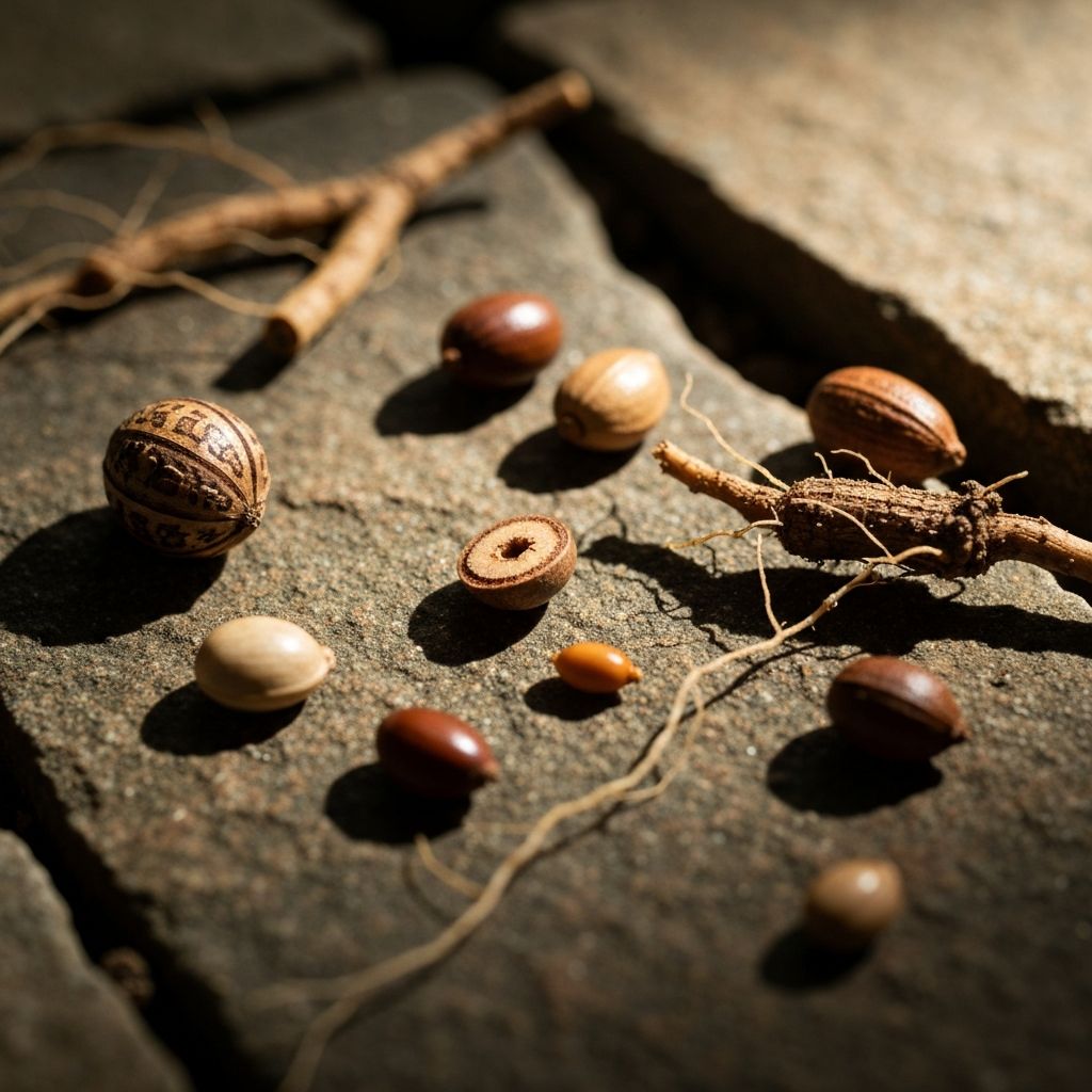 Verschiedene natürliche Samen und Wurzeln auf Steinoberfläche
