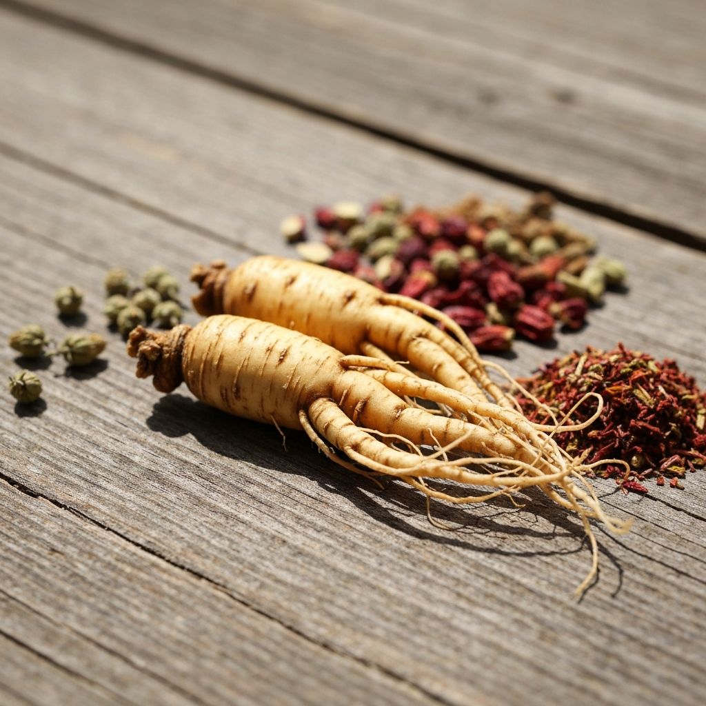 Ginseng Wurzeln und getrocknete Kräuter auf Holzoberfläche